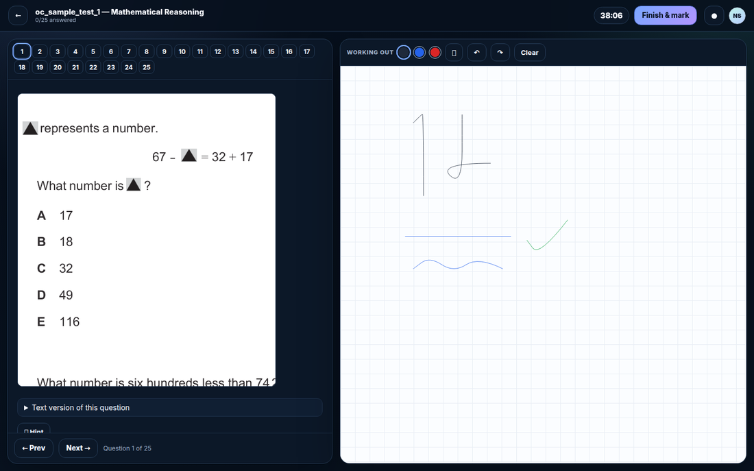 The exam runner in dark mode — the writing canvas stays light for legible ink