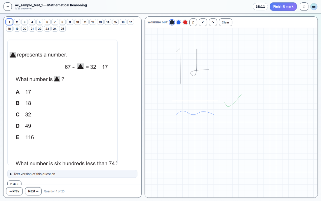 The Plaito Maths exam runner: a past-paper question beside a handwriting canvas with live ink working