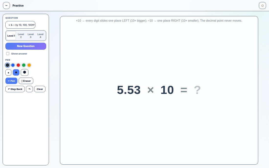 The practice screen: a generated question rendered on a writing canvas with pen tools