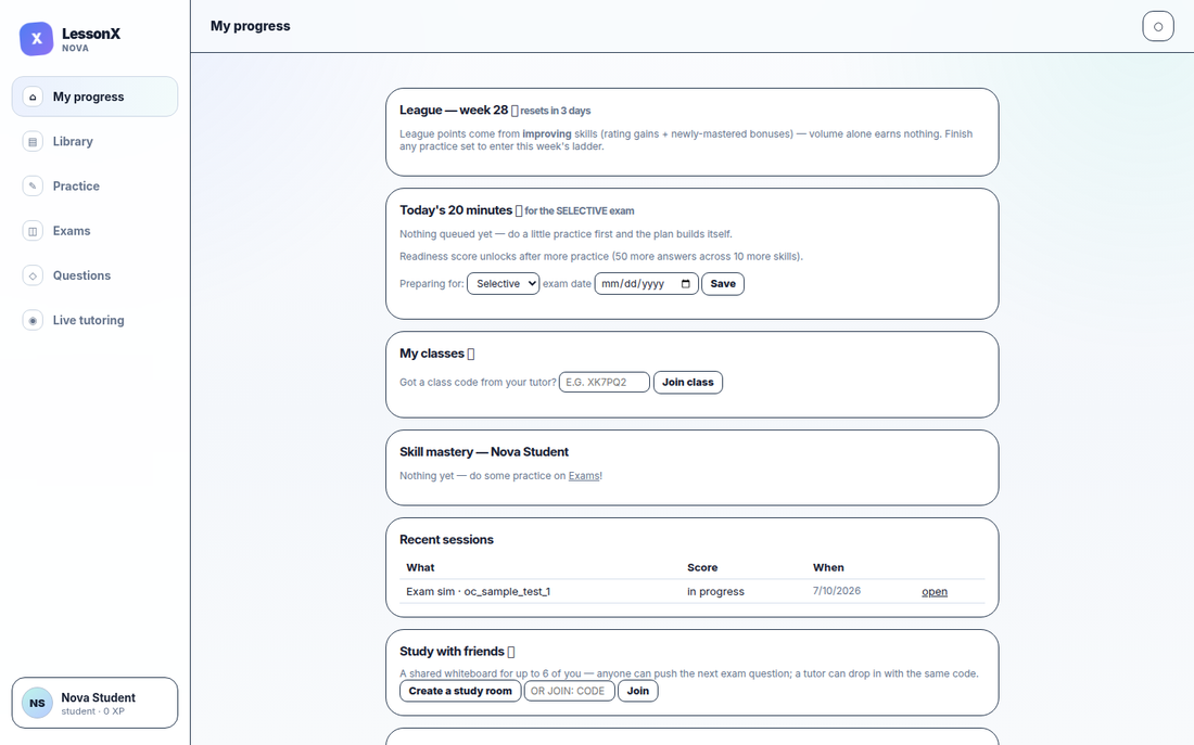 The student progress dashboard: league, daily plan, skill mastery and recent sessions